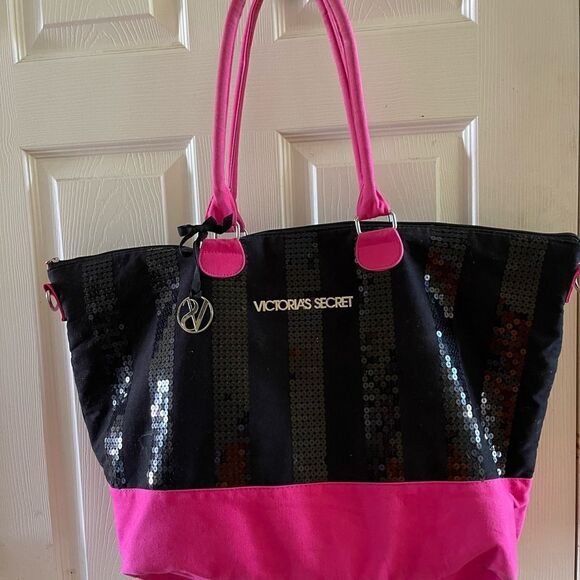 Victoria Secret black sequins and hot pink canvas large tote bag top zip… - Picture 1 of 14